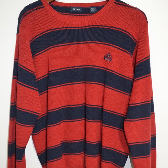 IZOD Men’s Sweater Large  Blue & Red Striped Vintage Casual - Picture 1 of 5